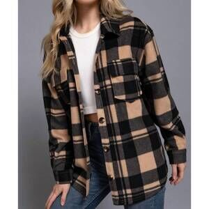 NEW 42POPS women's check printed fleece shacket in taupe